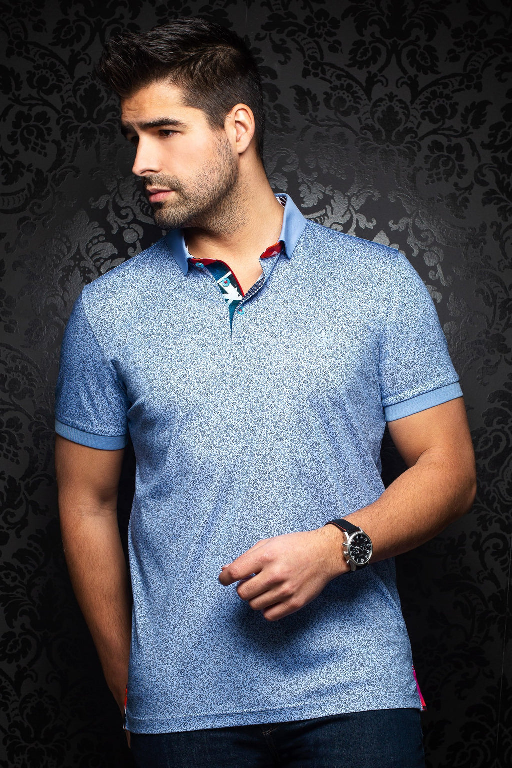 Au Noir Short-Sleeve Polo | Mayfield Light Blue